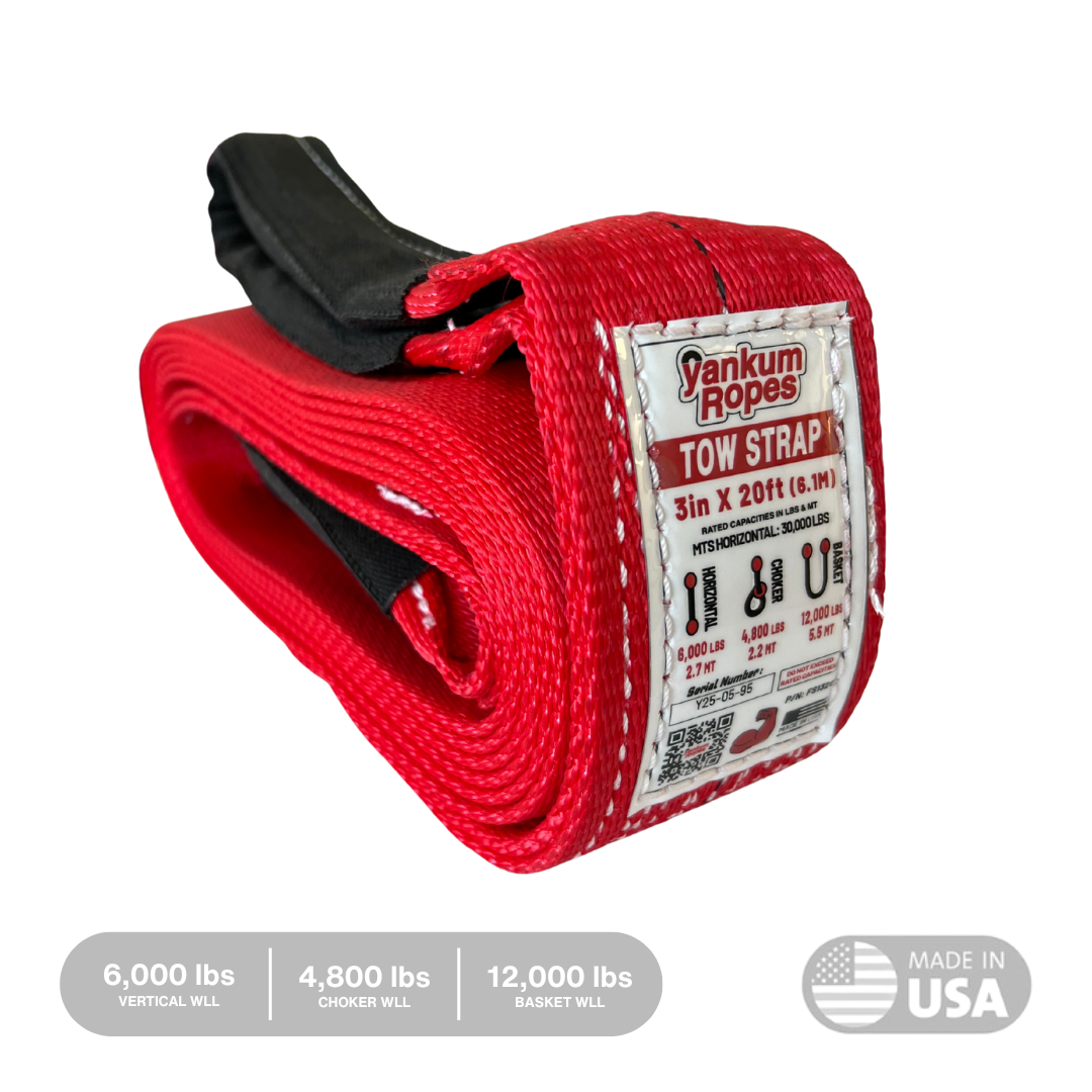 tag view of 3x20 standard duty tow strap by Yankum Ropes