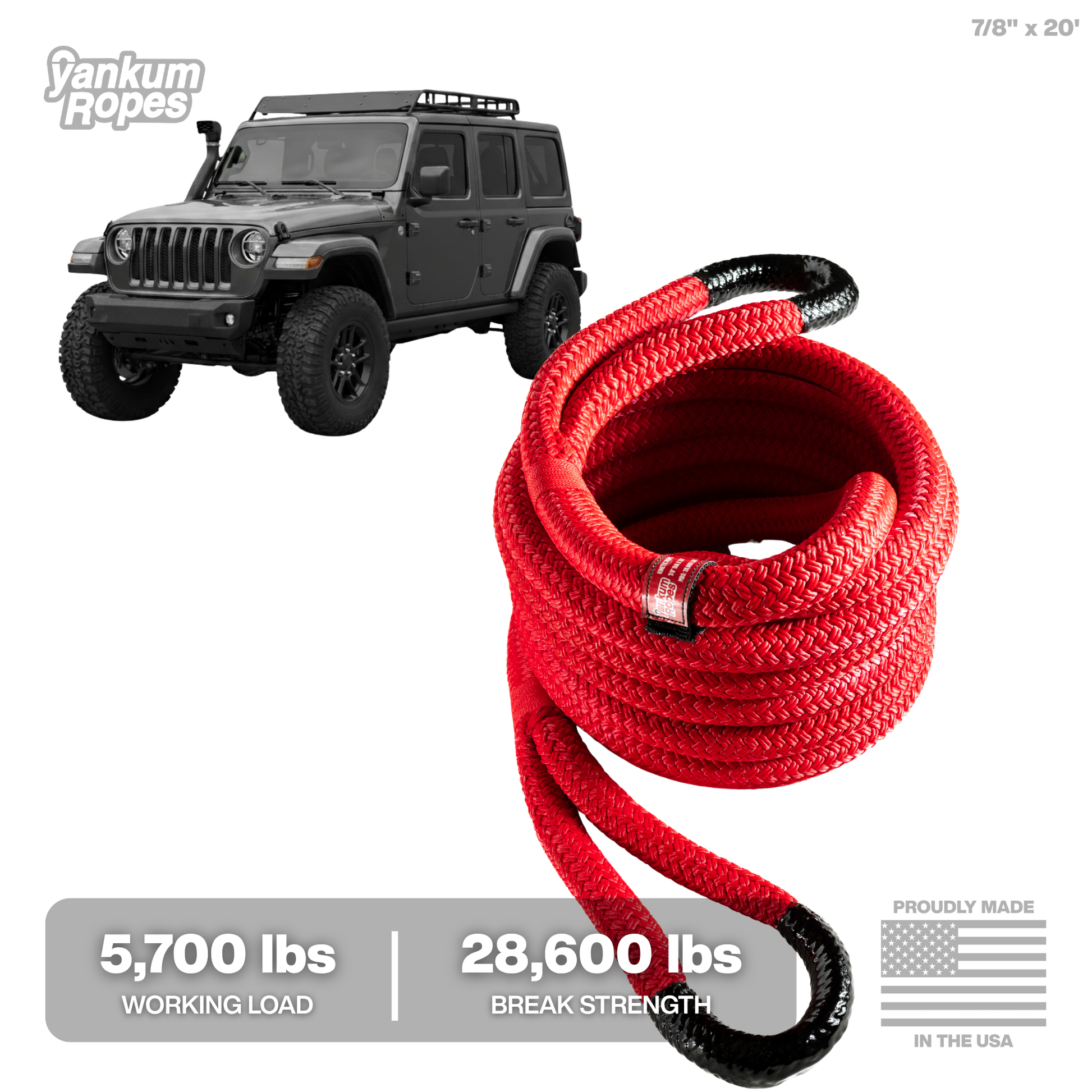 7/8" x 20' Red Kinetic Recovery Rope for full-size SUVs and 1/2 ton pickup trucks