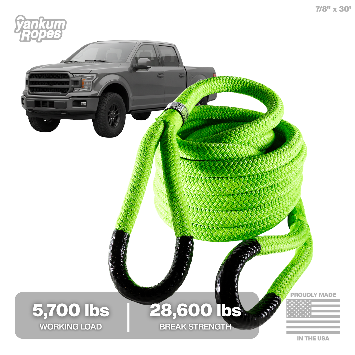 7/8" x 30' Green Kinetic Recovery Rope for full-size SUVs and 1/2 ton pickup trucks