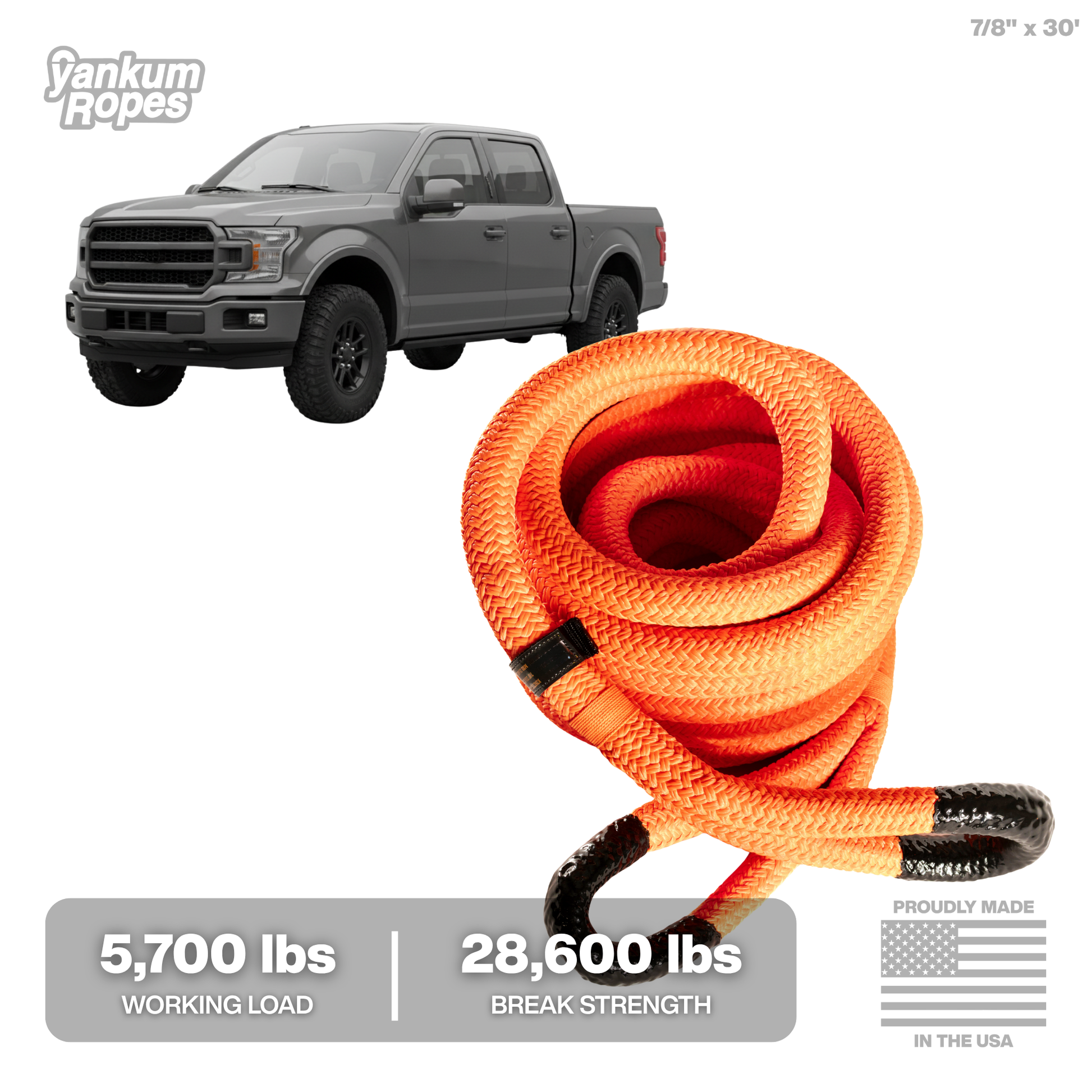 7/8" x 30' Orange Kinetic Recovery Rope for full-size SUVs and 1/2 ton pickup trucks