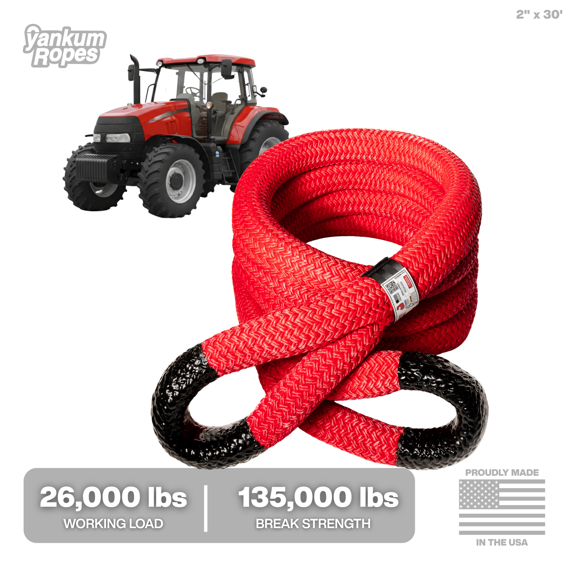 2" x 30' Red Kinetic Recovery Rope for tractors, large trucks and class 7 and class 8 vehicles