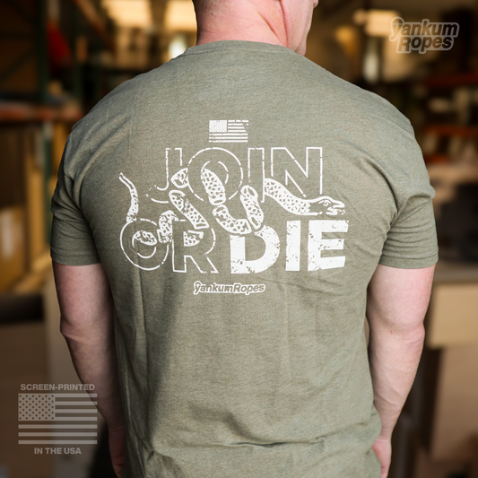 view of the back of the green Yankum Join or Die Tee