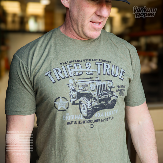 front view of green Yankum Tried and True t-shirt