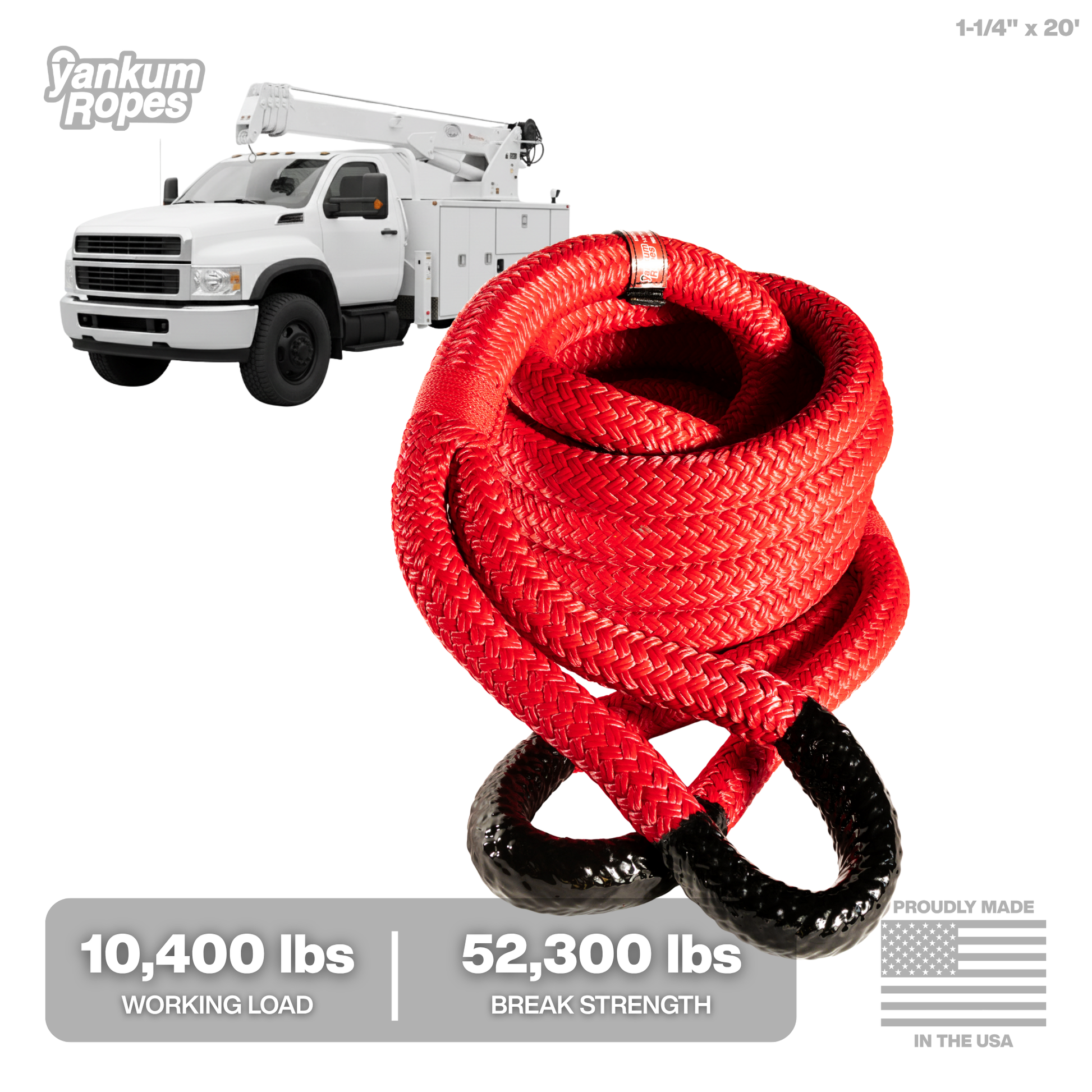 1-1/4" x 20' Red Kinetic Recovery Rope for service/utility trucks and camper trucks