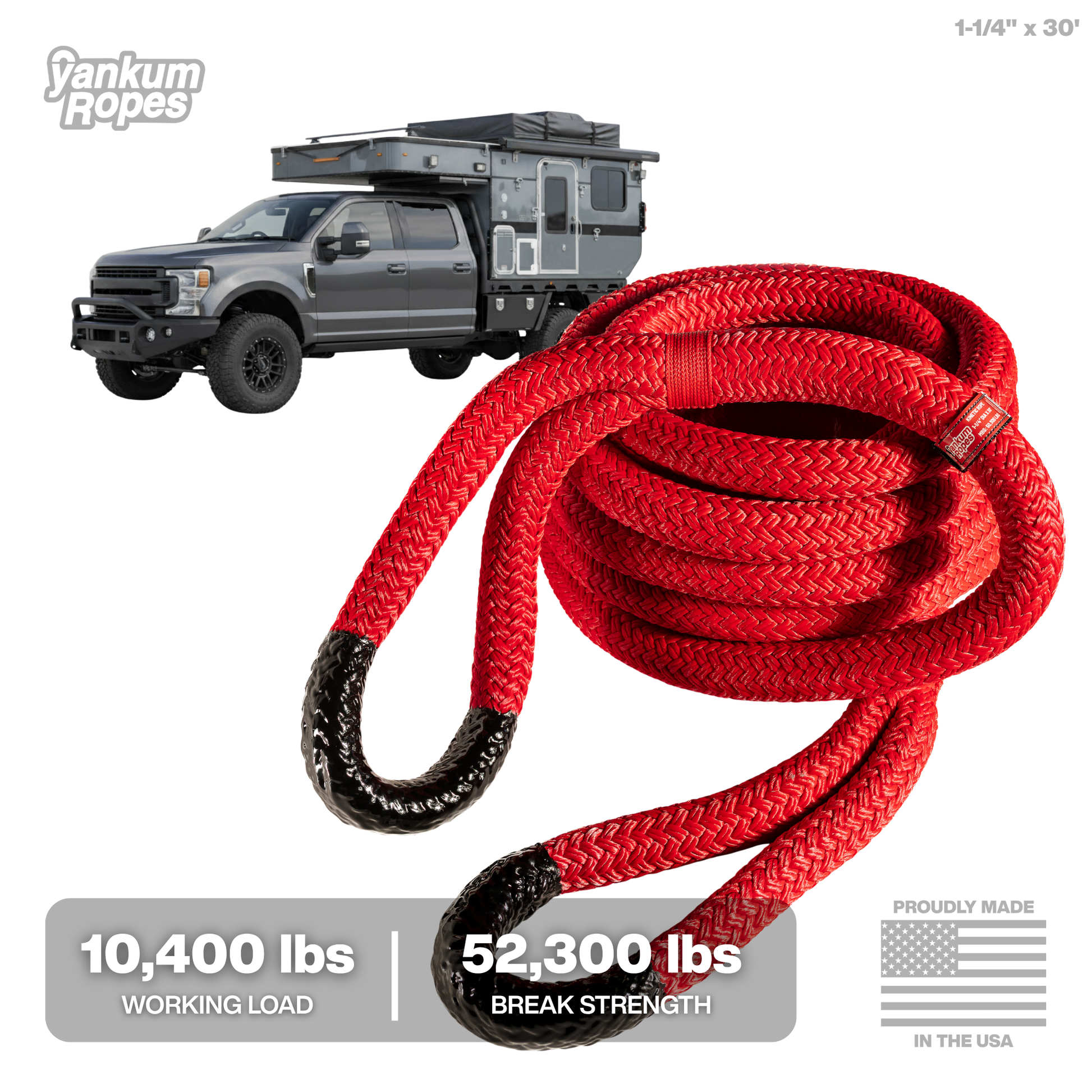 1-1/4" x 30' Red Kinetic Recovery Rope for service/utility trucks and camper trucks