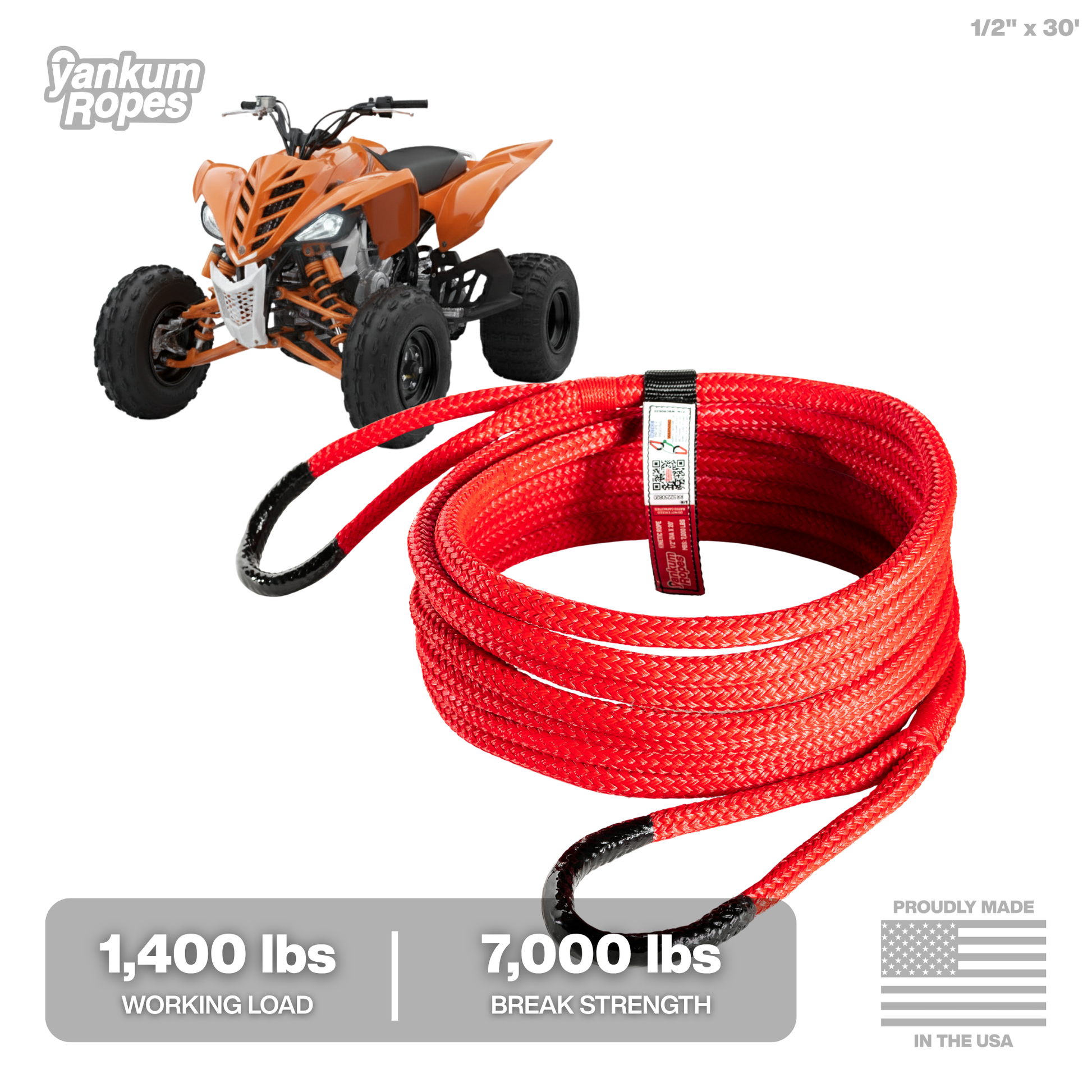 1/2" x 30' Red Kinetic Recovery Rope for snowmobiles and 4wheelers