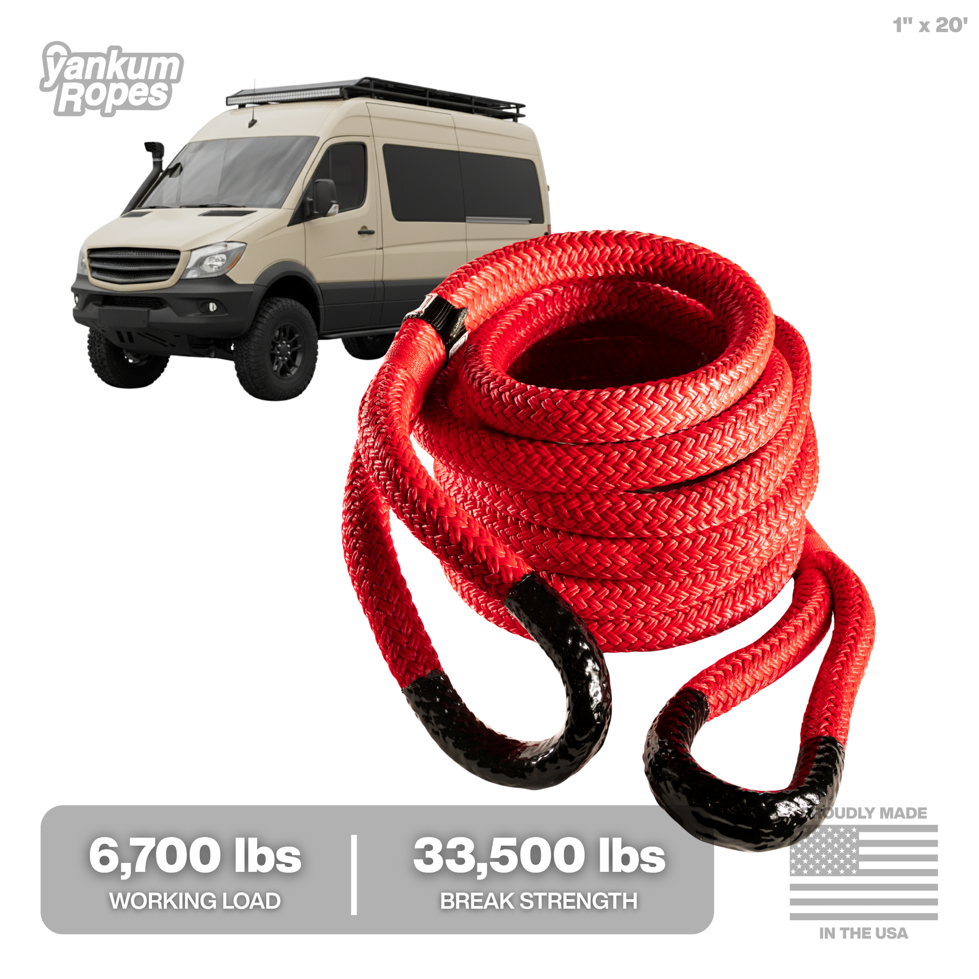 1" x 20' Red Kinetic Recovery Rope for 1 ton pickup trucks and cargo vans