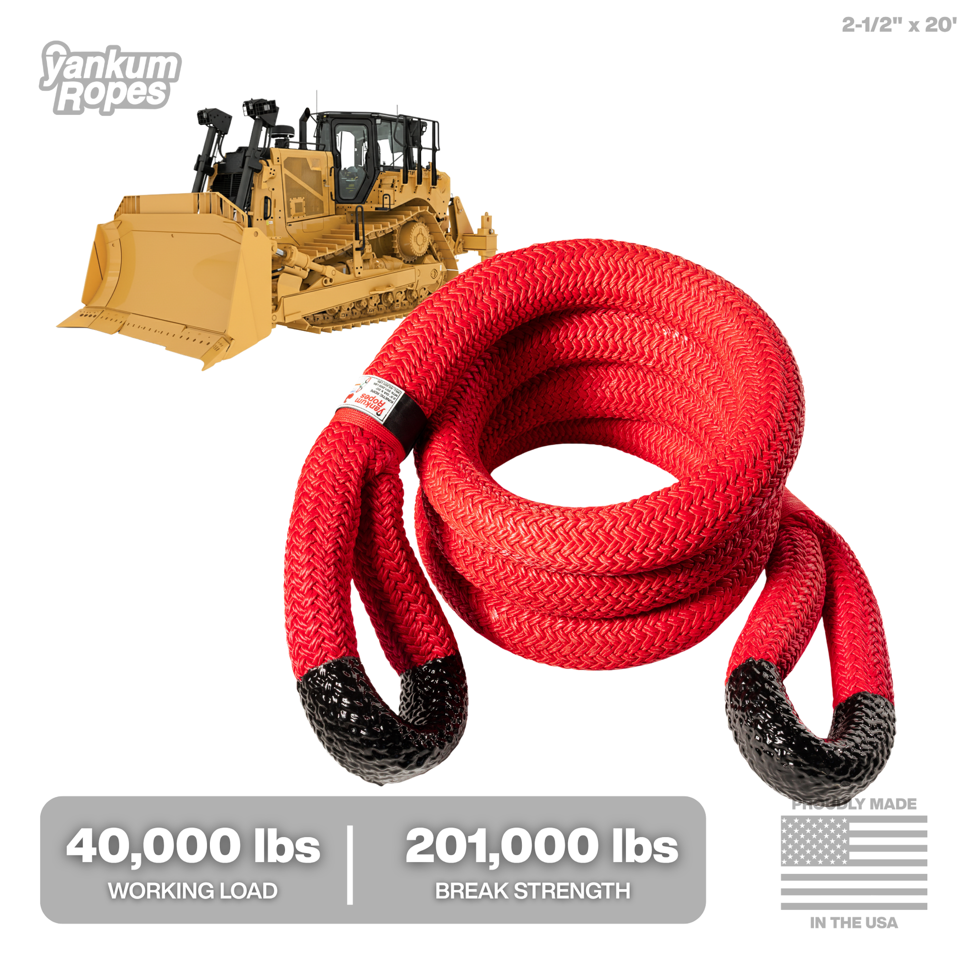 2-1/2" x 20' Red Kinetic Recovery Rope for large tractors and heavy equipment / machinery