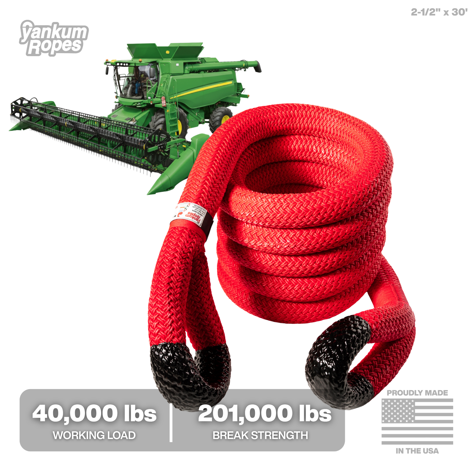 2-1/2" x30' Red Kinetic Recovery Rope for large tractors and heavy equipment / machinery