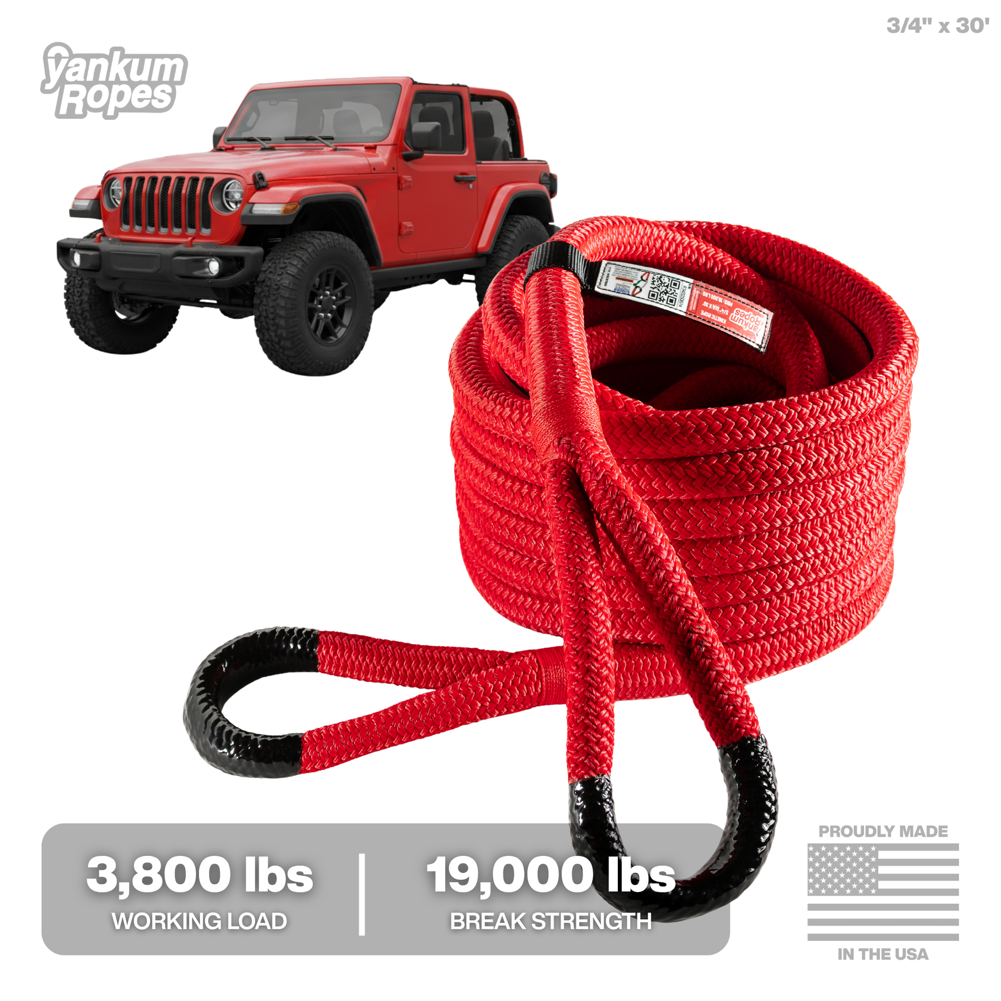 3/4" x 30' Red Kinetic Recovery Rope for 2-door Jeeps, small SUVs, and small trucks